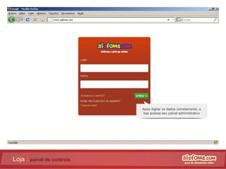 Loja :  painel de controle Após digitar os dados corretamente, a loja acessa seu painel administrativo 