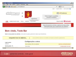 Loja :  painel de controle . vista geral Essa ferramenta controla a abertura da loja online (aberta/fechada para recebimento de pedidos) Onde chegam os pedidos (número=contador) Logomarca 