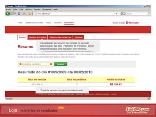 Loja :  relatórios de resultados Visualização do resumo de vendas no período selecionado. Na aba, “Histórico de Pedidos”, serão diisponibilizados uma listagem dos mesmos. NOVO Total de vendas no período selecionado 