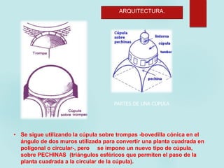 ARQUITECTURA.
PARTES DE UNA CÚPULA
• Se sigue utilizando la cúpula sobre trompas -bovedilla cónica en el
ángulo de dos muros utilizada para convertir una planta cuadrada en
poligonal o circular-, pero se impone un nuevo tipo de cúpula,
sobre PECHINAS (triángulos esféricos que permiten el paso de la
planta cuadrada a la circular de la cúpula).
 