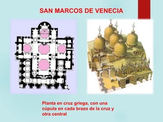 SAN MARCOS DE VENECIA
Planta en cruz griega, con una
cúpula en cada brazo de la cruz y
otra central
 