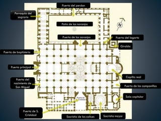 Parroquia del
sagrario
Puerta del perdon
Patio de los naranjos
Puerta de los naranjos Puerta del lagarto
Giralda
Capilla real
Puerta de las campanillas
Sala capitular
Sacristia mayorSacristia de los calices
Puerta de baptisterio
Puerta principal
Puerta del
nacimiento de
San Miguel
Puerta de S.
Cristobal
 
