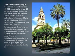 3.- Patio de los naranjos:
Se trata de un recinto cerrado
de 130 metros de largo por 50
de ancho que está dividido en
tres partes, cada una de ellas
con un surtidor en el centro.
Además, en el interior del Patio
se sitúan la Fuente de Santa
María o del Caño del Olivo y la
Fuente del Cinamomo.
En sus muros de cierre, pero por
el exterior, se encuentran las
fuentes del Caño Gordo y la de
Santa Catalina, además del
Arca del Agua.
Bajo la zona correspondiente a
la ampliación de Almanzor, se
halla un gran aljibe cuya
construcción se remonta al siglo
X.
 