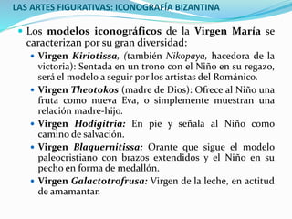 LAS ARTES FIGURATIVAS: ICONOGRAFÍA BIZANTINA
 Los modelos iconográficos de la Virgen María se
caracterizan por su gran diversidad:
 Virgen Kiriotissa, (también Nikopaya, hacedora de la
victoria): Sentada en un trono con el Niño en su regazo,
será el modelo a seguir por los artistas del Románico.
 Virgen Theotokos (madre de Dios): Ofrece al Niño una
fruta como nueva Eva, o simplemente muestran una
relación madre-hijo.
 Virgen Hodigitria: En pie y señala al Niño como
camino de salvación.
 Virgen Blaquernitissa: Orante que sigue el modelo
paleocristiano con brazos extendidos y el Niño en su
pecho en forma de medallón.
 Virgen Galactotrofrusa: Virgen de la leche, en actitud
de amamantar.
 