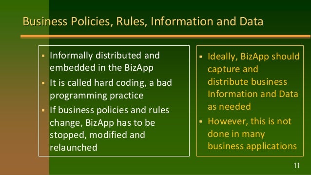 Business Policies, Rules, Information and Data
 Informally distributed and
embedded in the BizApp
 It is called hard coding, a bad
programming practice
 If business policies and rules
change, BizApp has to be
stopped, modified and
relaunched
 Ideally, BizApp should
capture and
distribute business
Information and Data
as needed
 However, this is not
done in many
business applications
11
 