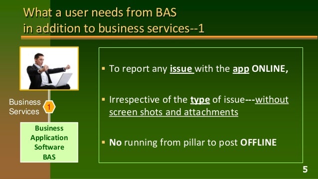 What a user needs from BAS
in addition to business services--1
 To report any issue with the app ONLINE,
 Irrespective of the type of issue---without
screen shots and attachments
 No running from pillar to post OFFLINE
5
Business
Application
Software
BAS
1
Business
Services
 