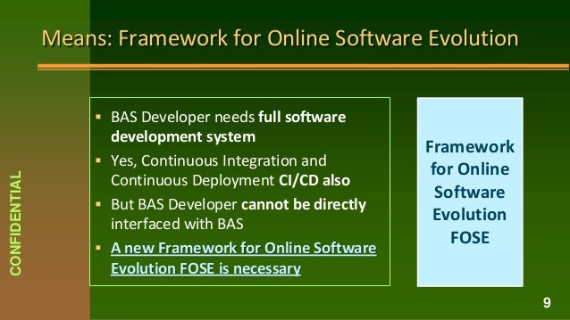 Means: Framework for Online Software Evolution
 BAS Developer needs full software
development system
 Yes, Continuous Integration and
Continuous Deployment CI/CD also
 But BAS Developer cannot be directly
interfaced with BAS
 A new Framework for Online Software
Evolution FOSE is necessary
CONFIDENTIAL
9
Framework
for Online
Software
Evolution
FOSE
 