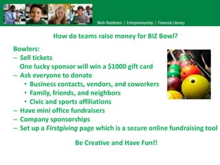 How do teams raise money for BIZ Bowl?
Bowlers:
– Sell tickets
One lucky sponsor will win a $1000 gift card
– Ask everyone to donate
• Business contacts, vendors, and coworkers
• Family, friends, and neighbors
• Civic and sports affiliations
– Have mini office fundraisers
– Company sponsorships
– Set up a Firstgiving page which is a secure online fundraising tool
Be Creative and Have Fun!!

 