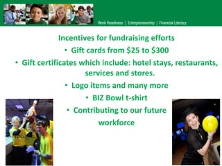 Incentives for fundraising efforts
                • Gift cards from $25 to $300
• Gift certificates which include: hotel stays, restaurants,
                      services and stores.
                • Logo items and many more
                       • BIZ Bowl t-shirt
                 • Contributing to our future
                          workforce
 