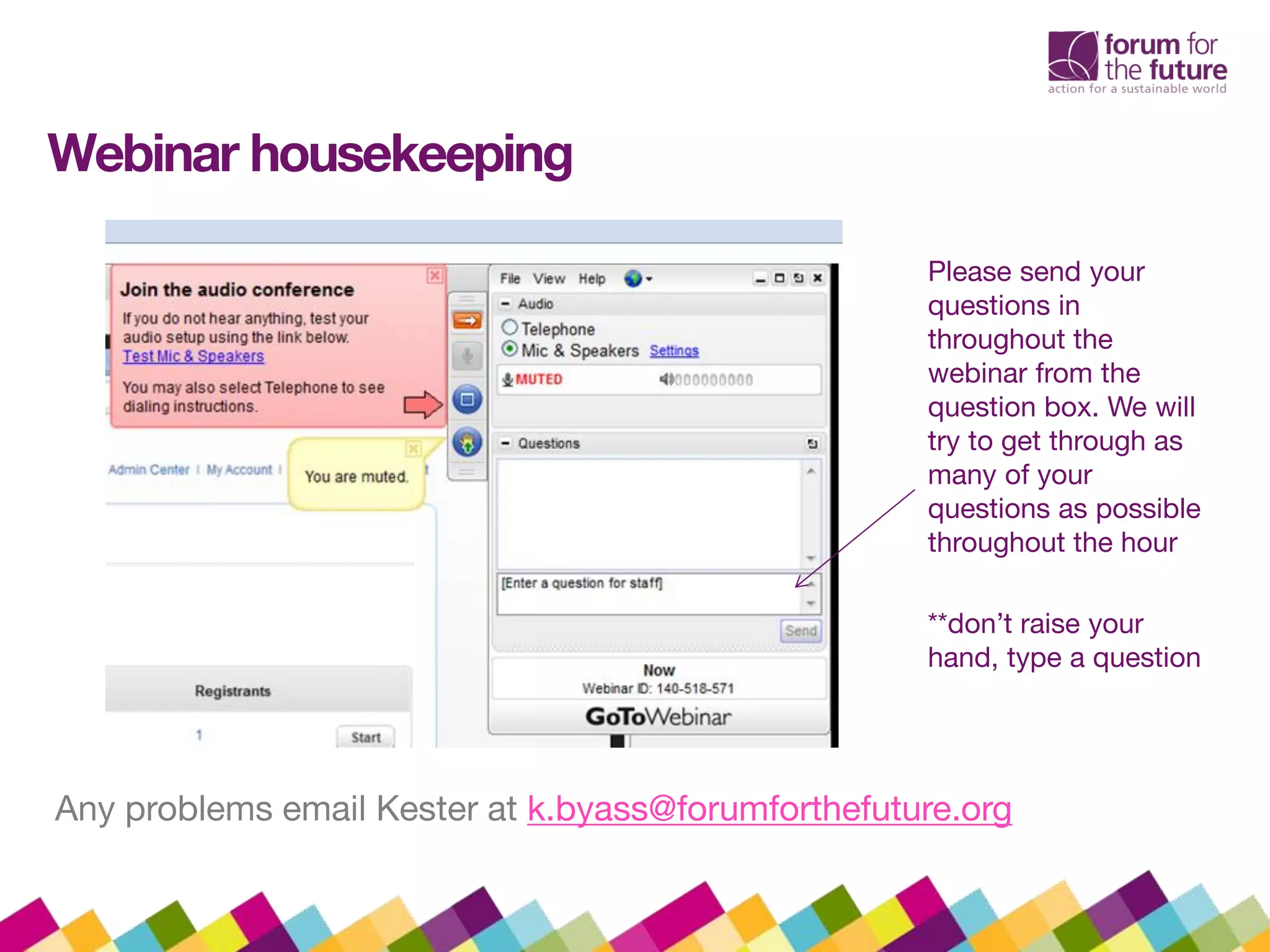 Webinar housekeeping
Please send your
questions in
throughout the
webinar from the
question box. We will
try to get through as
many of your
questions as possible
throughout the hour
**don’t raise your
hand, type a question
Any problems email Kester at k.byass@forumforthefuture.org
 