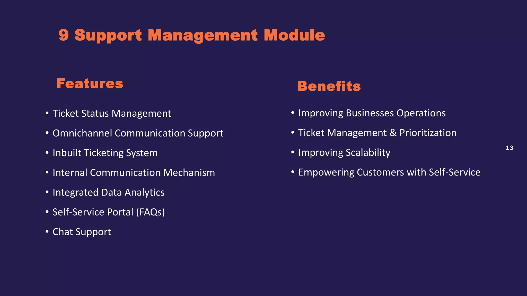 13
9 Support Management Module
Benefits
• Ticket Status Management
• Omnichannel Communication Support
• Inbuilt Ticketing System
• Internal Communication Mechanism
• Integrated Data Analytics
• Self-Service Portal (FAQs)
• Chat Support
Features
• Improving Businesses Operations
• Ticket Management & Prioritization
• Improving Scalability
• Empowering Customers with Self-Service
 