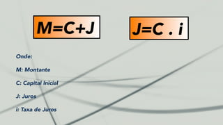 M=C+J J=C . i
Onde:
M: Montante
C: Capital Inicial
J: Juros
i: Taxa de Juros
 