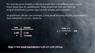 No	
  caso	
  dos	
  juros	
  simples,	
  o	
  cálculo	
  é	
  muito	
  fácil	
  e	
  simpliﬁcado	
  pelo	
  caráter	
  
linear	
  desse	
  tipo	
  de	
  capitalização.	
  Pode	
  sempre	
  ser	
  feito	
  por	
  meio	
  da	
  
proporcionalidade	
  (usando	
  regra	
  de	
  três	
  simples,	
  por	
  exemplo).	
  
	
  
Se	
  quisermos	
  calcular,	
  por	
  exemplo,	
  a	
  taxa	
  anual	
  em	
  juros	
  simples,	
  equivalente	
  à	
  
taxa	
  mensal	
  de	
  2,5	
  %	
  a.m.,	
  teremos:	
  
	
  
 