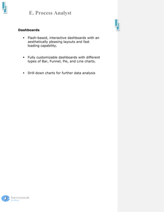 E. Process Analyst


Dashboards

    Flash-based, interactive dashboards with an
    aesthetically pleasing layouts and fast
    loading capability.


    Fully customizable dashboards with different
    types of Bar, Funnel, Pie, and Line charts.


    Drill down charts for further data analysis
 