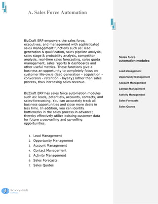 A. Sales Force Automation




BizCraft ERP empowers the sales force,
executives, and management with sophisticated
sales management functions such as: lead
generation & qualification, sales pipeline analysis,
sales stage & probability analysis, competitor         Sales force
analysis, real-time sales forecasting, sales quota     automation modules:
management, sales reports & dashboards and
other useful metrics. These functions give a
business an opportunity to completely focus on         Lead Management
customer life-cycle (lead generation - acquisition -
                                                       Opportunity Management
conversion - retention - loyalty) rather than sales
process, thus increasing sales revenue.                Account Management

                                                       Contact Management
BizCraft ERP has sales force automation modules        Activity Management
such as: leads, potentials, accounts, contacts, and
sales-forecasting. You can accurately track all        Sales Forecasts
business opportunities and close more deals in
                                                       Sales Quotes
less time. In addition, you can identify
bottlenecks in the sales process in advance;
thereby effectively utilize existing customer data
for future cross-selling and up-selling
opportunities.



   1.   Lead Management
   2.   Opportunity Management
   3.   Account Management
   4.   Contact Management
   5.   Activity Management
   6.   Sales Forecasts
   7.   Sales Quotes
 