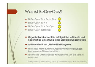 Was ist BizDevOps?
 BizDevOps = Biz + Dev + Ops
 BizDevOps = Biz + IT
 BizDevOps = Biz + DevOps
 BizDevOps = BizDevOps
 Organisationskonzept für erfolgreiche, effiziente und
nachhaltige Umsetzung einer Digitalisierungsstrategie
 Antwort der IT auf „Meine IT ist langsam.“
 Fokus liegt mehr auf Erhöhung des Wertbeitrags für den
Kunden als auf Kostenreduktion.
 Technische unterstützende Komponente, um die Ziele zu
erreichen!
IT-Alignment | Wertbeitrag der IT | Virtualisierung | Automatisierung
 