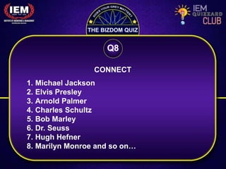 CONNECT
Q8
1. Michael Jackson
2. Elvis Presley
3. Arnold Palmer
4. Charles Schultz
5. Bob Marley
6. Dr. Seuss
7. Hugh Hefner
8. Marilyn Monroe and so on…
 