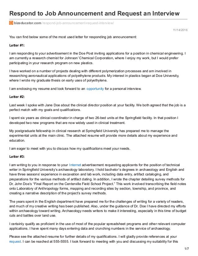respond to job announcement and request an interview requesting an interview