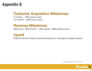 Appendix B

     Customer Acquisition Milestones
     6 months - 1000 active users
     12 months - 5000 active users

     Revenue Milestones
     800 active * ($25/month + $50 setup) = $60k (break-even)

     Upsell
     $100/month for medium sized businesses or managing multiple studios




                                                      * See Appendix for breakdown




                                                                                     13
 