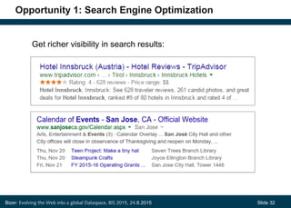 Bizer: Evolving the Web into a global Dataspace, BIS 2015, 24.6.2015 Slide 32
Opportunity 2: Change Push to Pull Communication
− Current situation:
• Information providers need to
push data into multiple channels
• multiple search engines
• multiple domain-specific portals
− Web approach:
• You maintain a website
• All interested parties
crawl your data
 