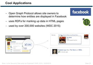 Bizer: Is the Semantic Web what we Expected? ISWC 2016, 10/20/2016 Slide 29
Cool Applications
 Open Graph Protocol allows site owners to
determine how entities are displayed in Facebook
 uses RDFa for marking up data in HTML pages
 used by over 200,000 websites (WDC 2015)
 