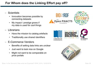 Bizer: Is the Semantic Web what we Expected? ISWC 2016, 10/20/2016 Slide 36
For Whom does the Linking Effort pay off?
 Scientists
• Innovation becomes possible by
connecting datasets
• My impact / prestige grows if
my data is used for cool things
 Librarians
• Have the mission to catalog artefacts
• Traditionally use shared identifiers
 E-Commerce Vendors
• Benefits of setting data links are unclear
• Just want to look nice on Google
• Might not want to be comparable on
price portals
 