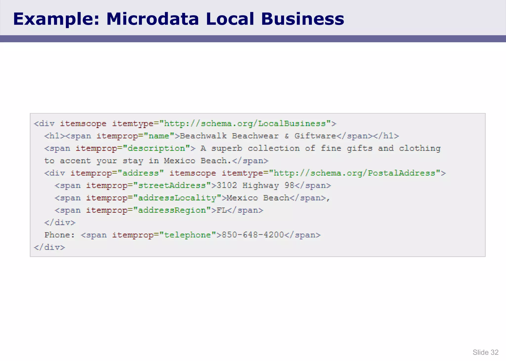 Slide 32
Example: Microdata Local Business
 