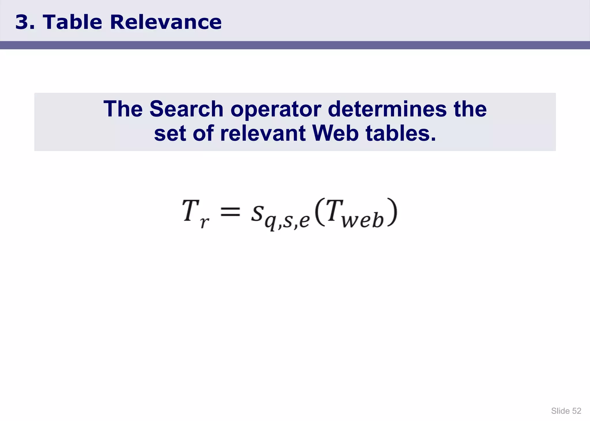 Slide 52
3. Table Relevance
The Search operator determines the
set of relevant Web tables.
 