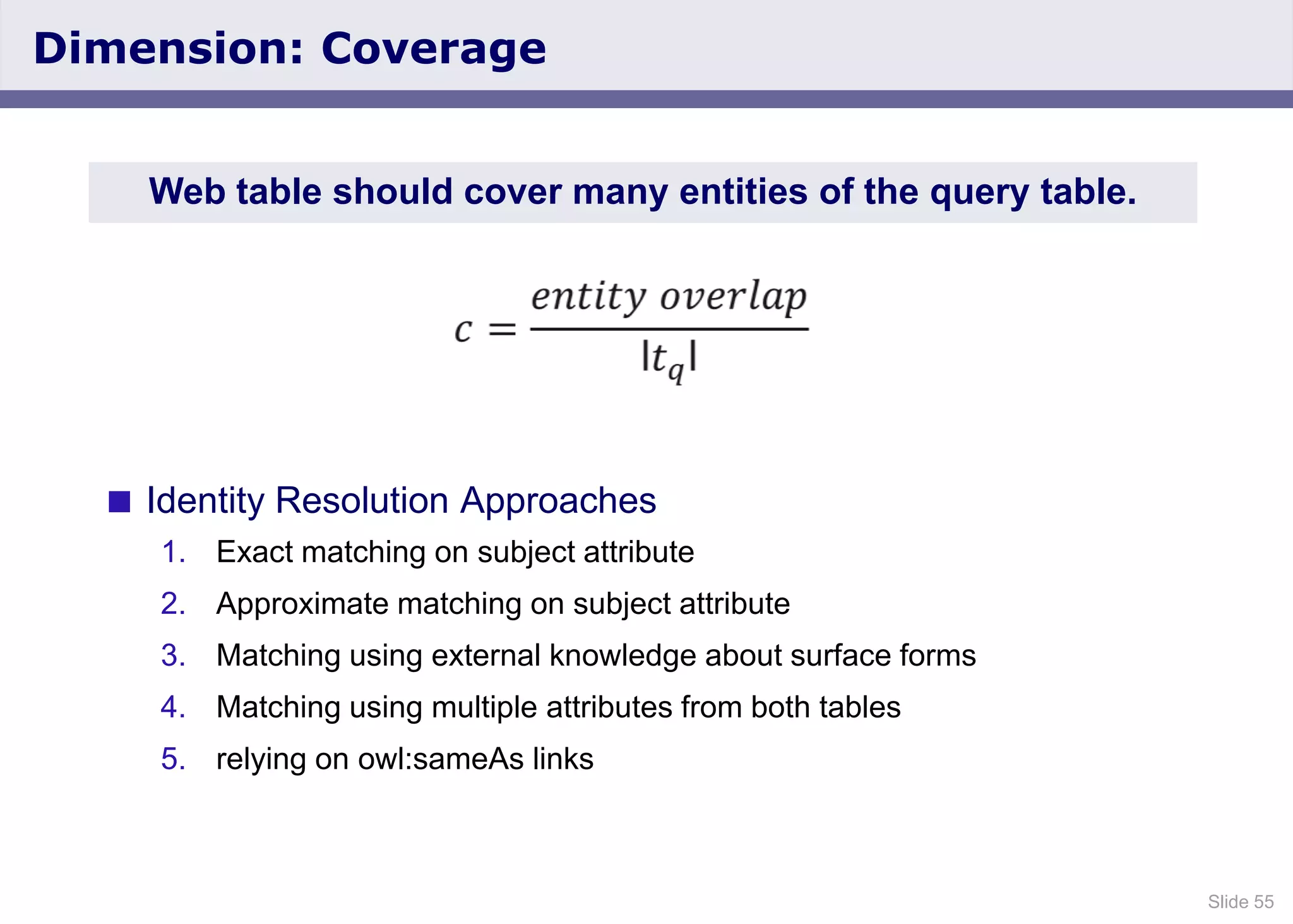Slide 55
Dimension: Coverage
 Identity Resolution Approaches
1. Exact matching on subject attribute
2. Approximate matching on subject attribute
3. Matching using external knowledge about surface forms
4. Matching using multiple attributes from both tables
5. relying on owl:sameAs links
Web table should cover many entities of the query table.
 