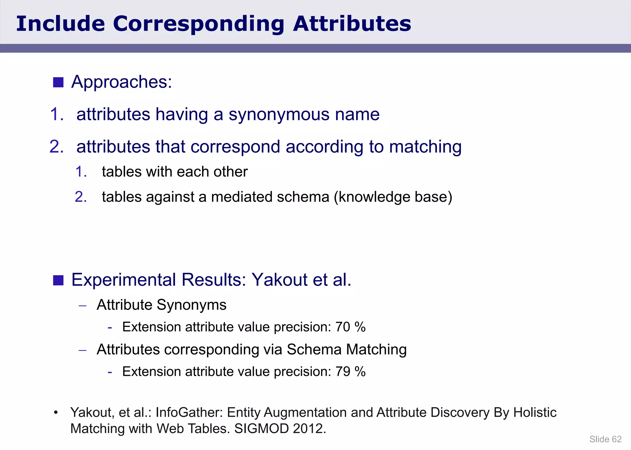 Slide 62
Include Corresponding Attributes
 Approaches:
1. attributes having a synonymous name
2. attributes that correspond according to matching
1. tables with each other
2. tables against a mediated schema (knowledge base)
 Experimental Results: Yakout et al.
Attribute Synonyms
- Extension attribute value precision: 70 %
Attributes corresponding via Schema Matching
- Extension attribute value precision: 79 %
• Yakout, et al.: InfoGather: Entity Augmentation and Attribute Discovery By Holistic
Matching with Web Tables. SIGMOD 2012.
 