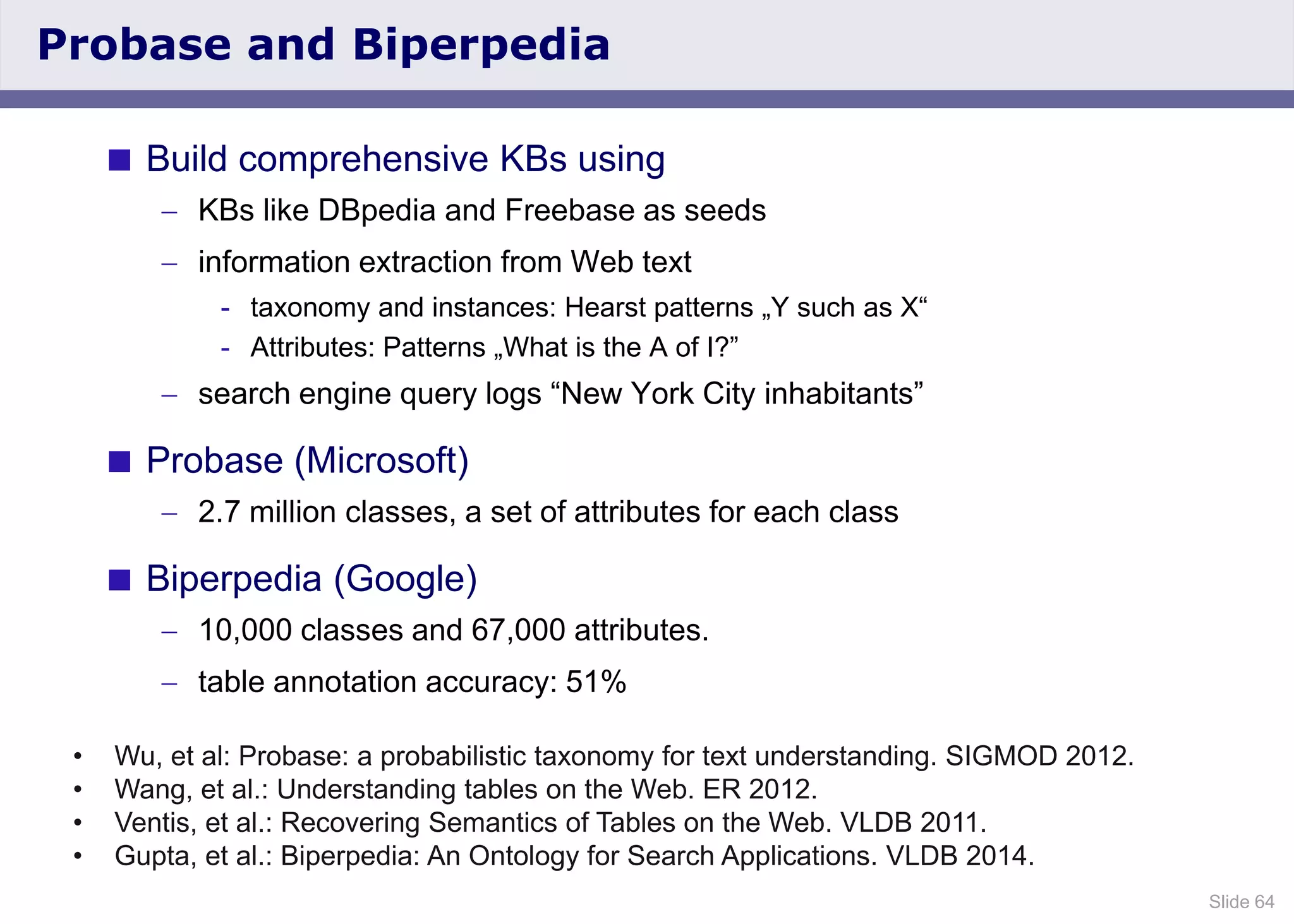 Slide 64
Probase and Biperpedia
 Build comprehensive KBs using
KBs like DBpedia and Freebase as seeds
information extraction from Web text
- taxonomy and instances: Hearst patterns „Y such as X“
- Attributes: Patterns „What is the A of I?”
search engine query logs “New York City inhabitants”
 Probase (Microsoft)
2.7 million classes, a set of attributes for each class
 Biperpedia (Google)
10,000 classes and 67,000 attributes.
table annotation accuracy: 51%
• Wu, et al: Probase: a probabilistic taxonomy for text understanding. SIGMOD 2012.
• Wang, et al.: Understanding tables on the Web. ER 2012.
• Ventis, et al.: Recovering Semantics of Tables on the Web. VLDB 2011.
• Gupta, et al.: Biperpedia: An Ontology for Search Applications. VLDB 2014.
 