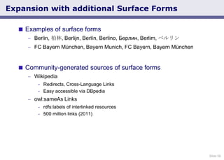 Slide 58
Expansion with additional Surface Forms
 Examples of surface forms
Berlin, 柏林, Berlijn, Berlín, Berlino, Берлин,...