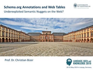 Data and Web Science GroupSchema.org Annotations and Web Tables
Underexploited Semantic Nuggets on the Web?
120-23 May 2019 in Leipzig, Germany
Prof. Dr. Christian Bizer
 