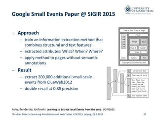 Data and Web Science Group
Google Small Events Paper @ SIGIR 2015
– Approach
– train an information extraction method that...