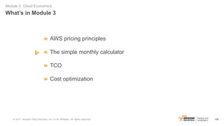 108
What’s in Module 3
Module 3: Cloud Economics
AWS pricing principles
The simple monthly calculator
TCO
Cost optimizatio...