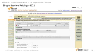110
Single Service Pricing – EC2
Module 3: Cloud Economics ► Part 2: The Simple Monthly Calculator
© 2017, Amazon Web Serv...