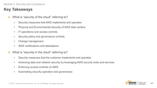 157
Module 4: Security and Compliance
Key Takeaways
What is “security of the cloud” referring to?
• Security measures that...
