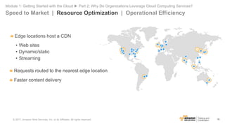 16
Edge locations host a CDN
Requests routed to the nearest edge location
Faster content delivery
• Web sites
• Dynamic/st...