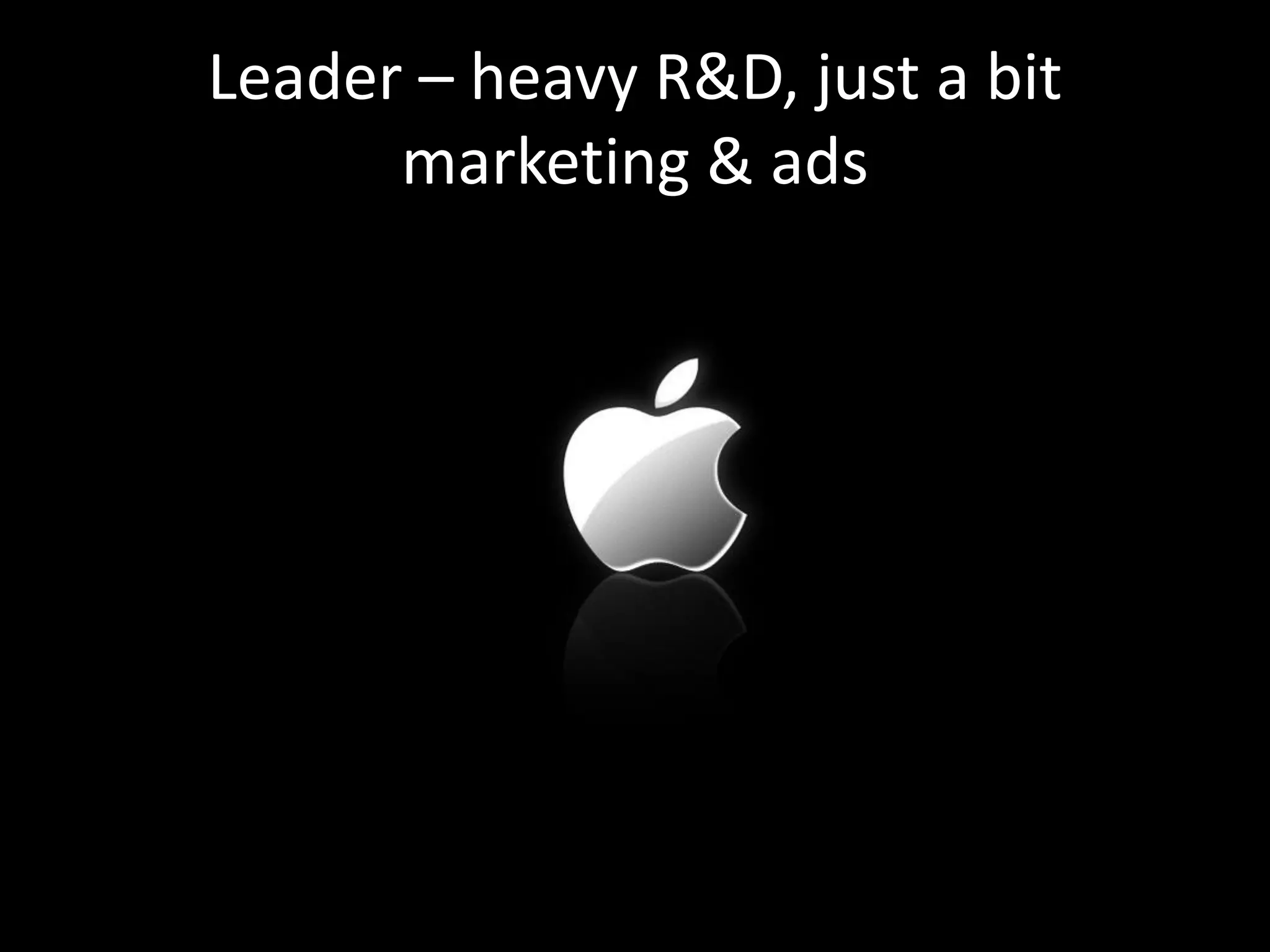Leader – heavy R&D, just a bit
      marketing & ads
 
