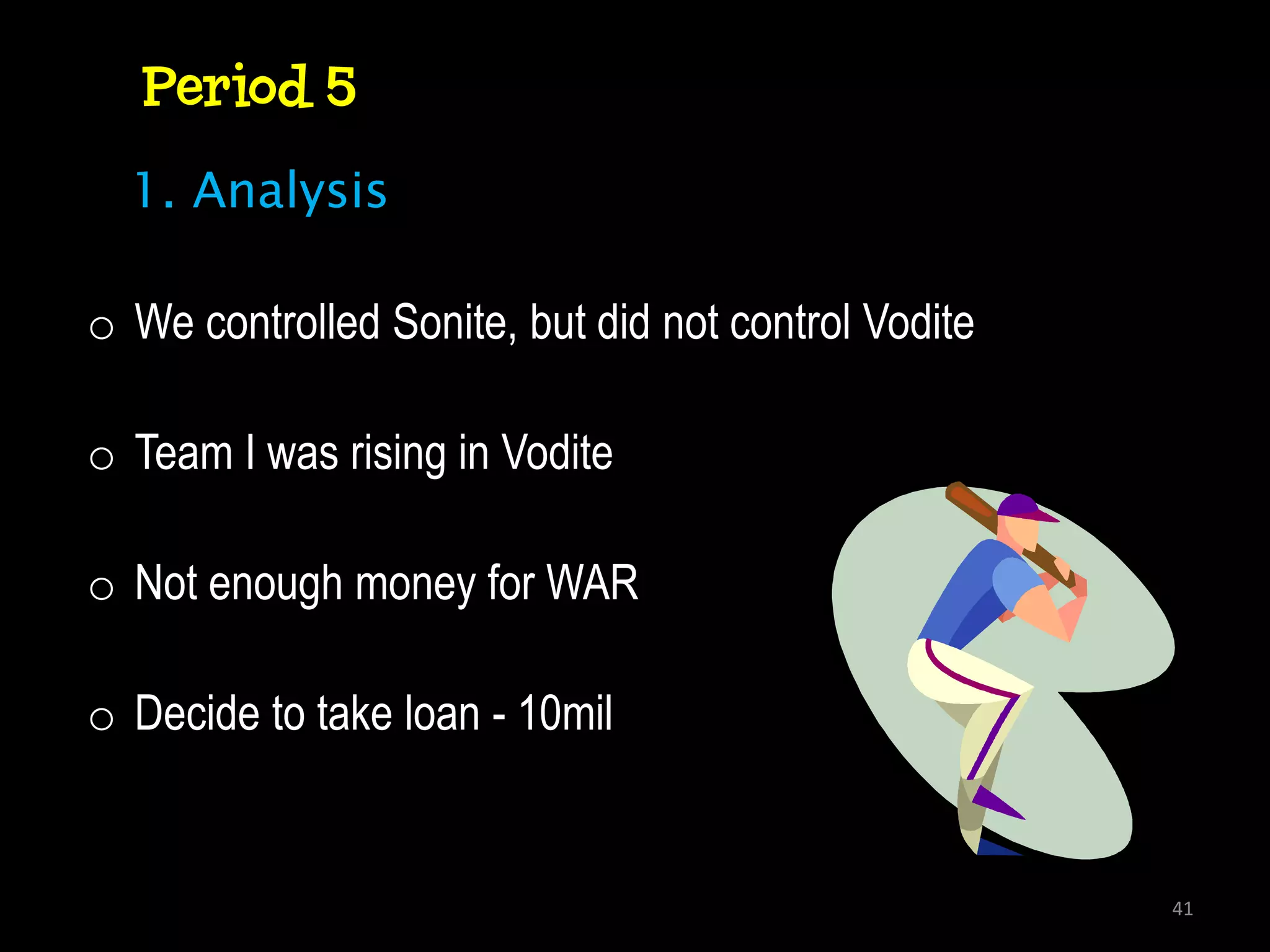 Period 5
  1. Analysis

o We controlled Sonite, but did not control Vodite

o Team I was rising in Vodite

o Not enough money for WAR

o Decide to take loan - 10mil


                                                     41
 