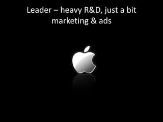 Leader – heavy R&D, just a bit
      marketing & ads
 