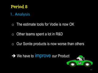 Period 8
1. Analysis

o The estimate tools for Vodie is now OK

o Other teams spent a lot in R&D

o Our Sonite products is now worse than others


 We have to   improve our Product

                                                 67
 