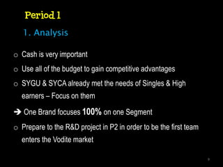 Period 1
   1. Analysis

o Cash is very important
o Use all of the budget to gain competitive advantages
o SYGU & SYCA already met the needs of Singles & High
  earners – Focus on them

 One Brand focuses 100% on one Segment
o Prepare to the R&D project in P2 in order to be the first team
  enters the Vodite market

                                                                   9
 