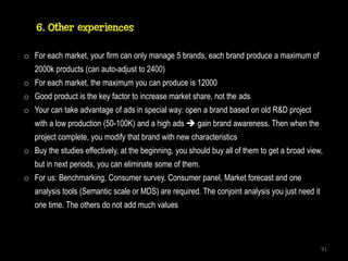 6. Other experiences

o For each market, your firm can only manage 5 brands, each brand produce a maximum of
   2000k products (can auto-adjust to 2400)
o For each market, the maximum you can produce is 12000
o Good product is the key factor to increase market share, not the ads
o Your can take advantage of ads in special way: open a brand based on old R&D project
   with a low production (50-100K) and a high ads  gain brand awareness. Then when the
   project complete, you modify that brand with new characteristics
o Buy the studies effectively, at the beginning, you should buy all of them to get a broad view,
   but in next periods, you can eliminate some of them.
o For us: Benchmarking, Consumer survey, Consumer panel, Market forecast and one
   analysis tools (Semantic scale or MDS) are required. The conjoint analysis you just need it
   one time. The others do not add much values



                                                                                                 91
 