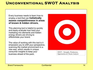 Unconventional   SWOT Analysis   AHEAD  EQUAL  BEHIND CRITICAL IMPORTANT NECESSARY COMMUNICATION  Impact BRAND  Strength PRODUCT  Value WEBSITE  Engagement Compared to the Best in the Category SWOT = Strengths, Weaknesses, Opportunities & Threats Analysis Every business needs to learn how to employ a tool that can  holistically assess competitiveness in areas of known & hidden drivers.   This planning tool is helpful to quickly and easily evaluate how hard your marketing mix elements and hidden energy drivers are driving to differentiate your brand.  The value of working with this tool is it empowers you to shift your perspective, scanning the market environment in a new way, which results in unique consumer insights to keep your business ahead of the pack . 