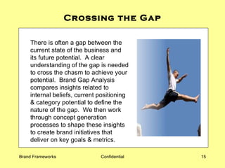 Crossing the Gap There is often a gap between the current state of the business and its future potential.  A clear understanding of the gap is needed to cross the chasm to achieve your potential.  Brand Gap Analysis compares insights related to internal beliefs, current positioning & category potential to define the nature of the gap.  We then work through concept generation processes to shape these insights to create brand initiatives that deliver on key goals & metrics. 
