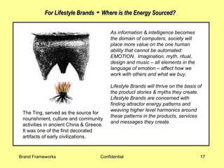 For Lifestyle Brands  -  Where is the Energy Sourced? As information & intelligence becomes the domain of computers, society will place more value on the one human ability that cannot be automated: EMOTION.  Imagination, myth, ritual, design and music – all elements in the language of emotion – affect how we work with others and what we buy.  Lifestyle Brands will thrive on the basis of the product stories & myths they create.  Lifestyle Brands are concerned with finding attractor energy patterns   and weaving higher level harmonics around these patterns in the products, services and messages they create.  The Ting, served as the source for nourishment, culture and community activities in ancient China & Greece. It was one of the first decorated artifacts of early civilizations.  