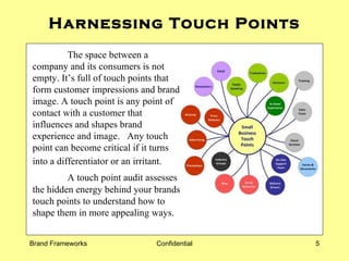 Harnessing Touch Points The space between a company and its consumers is not empty. It’s full of touch points that form customer impressions and brand image.  A touch point is any point of contact with a customer that influences and shapes brand experience and image.  Any touch point can become critical if it turns into a differentiator or an irritant.   A touch point audit assesses the hidden energy behind your brands touch points to understand how to shape them in more appealing ways.  