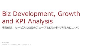 Biz Development, Growth
and KPI Analysis
事業創造、サービスの成長のフェーズとKPI分析の考え方について
2016/6/23
Hiroyuki Arai / @hiroyukiarai / hiroyukiarai.jp
 