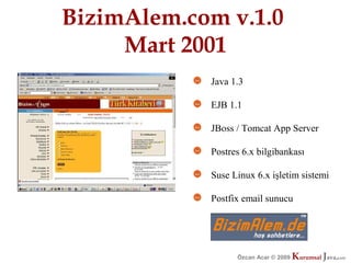 BizimAlem.com v.1.0
     Mart 2001
            Java 1.3

            EJB 1.1

            JBoss / Tomcat App Server

            Postres 6.x bilgibankası

            Suse Linux 6.x işletim sistemi

            Postfix email sunucu




                  Özcan Acar © 2009
                             © 2009   Kurumsal Java.
                                      Kurumsal Java.
                                                   com
                                                    com
 